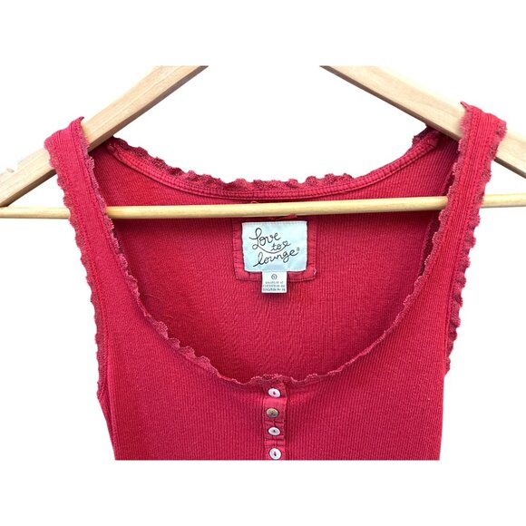 Y2K Vintage Love To Lounge Red Ribbed Ruffled Neckline Henley Tank Top Small - Picture 2 of 5